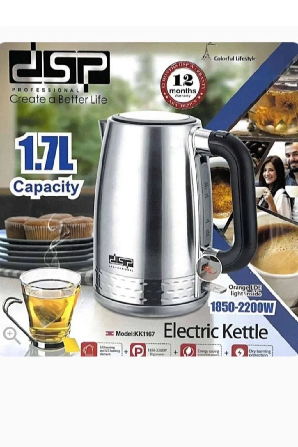 DSP ELectric Kettle 1.7L 1850-220W Orange Led Light Inside