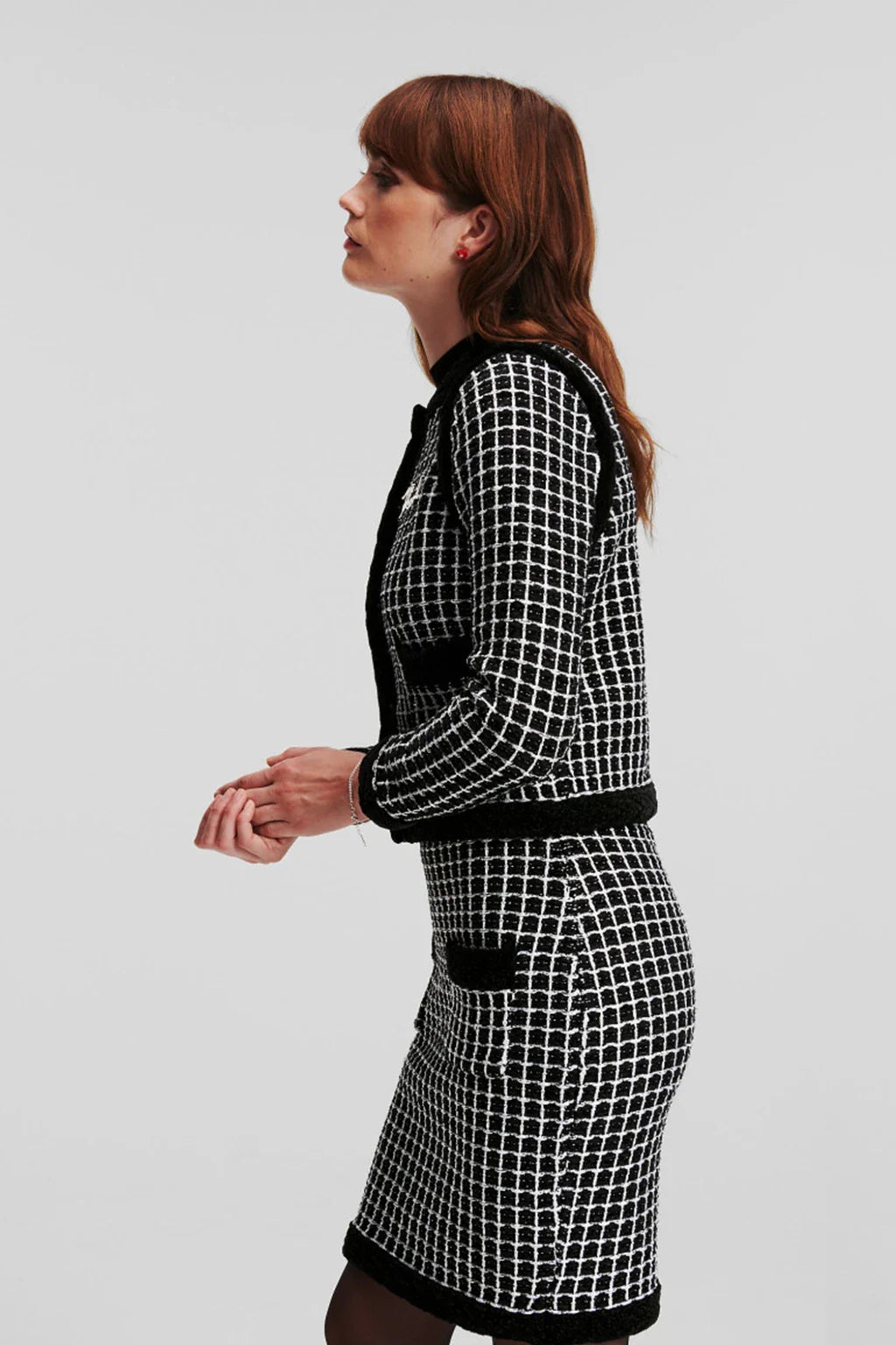 Karl Lagerfeld Classic Boucle Cardigan In Black And White