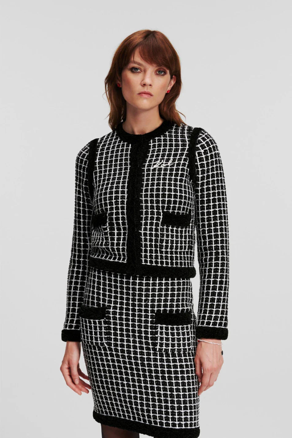 Karl Lagerfeld Classic Boucle Cardigan In Black And White