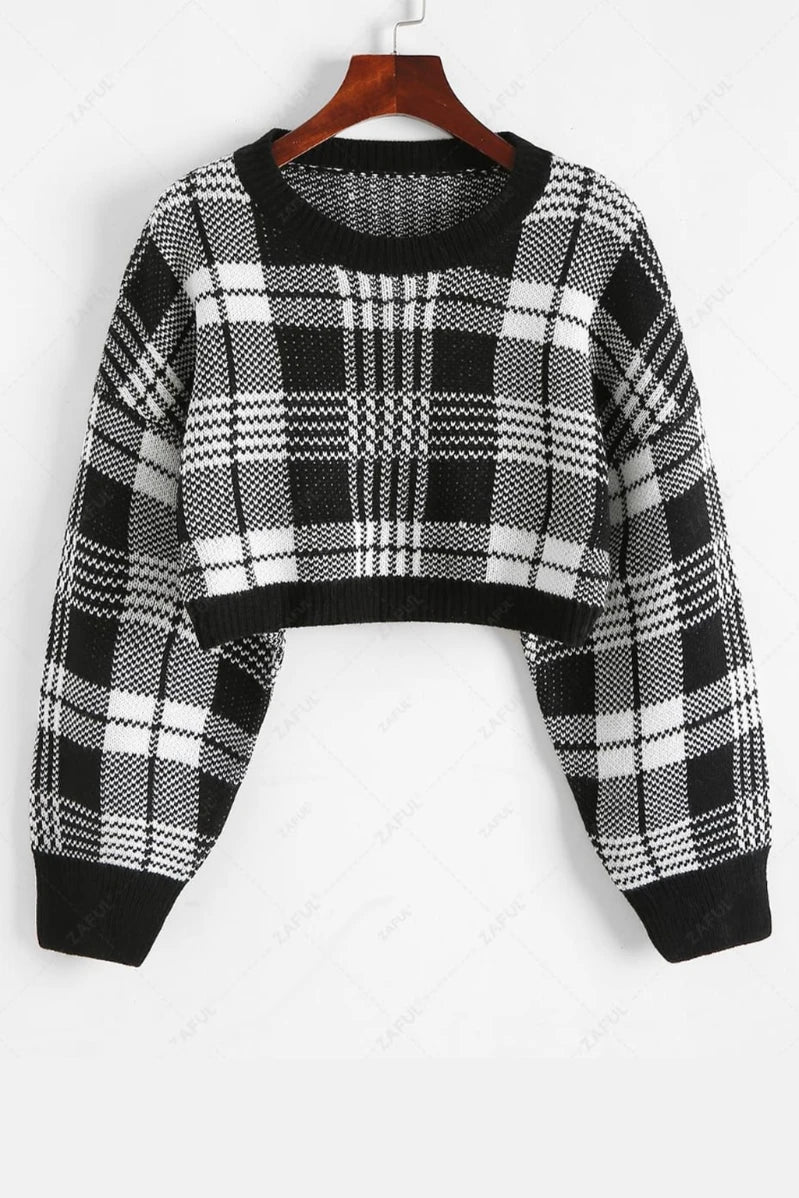 Plaid Drop Shoulder Cropped Sweater In Black