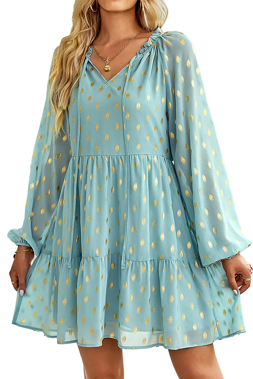 Long Sleeved Green Polka Dot Chiffon Dress