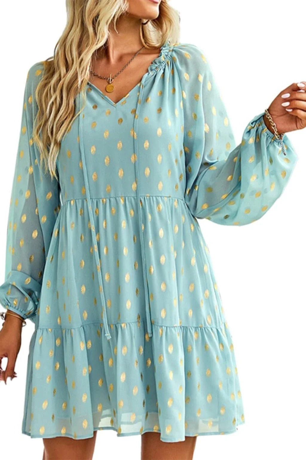 Long Sleeved Green Polka Dot Chiffon Dress