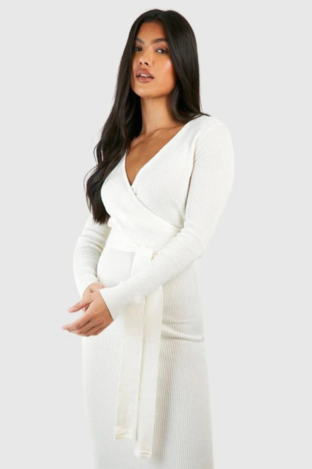 Long Sleeve Wrap Over Ribbed Knit Dress