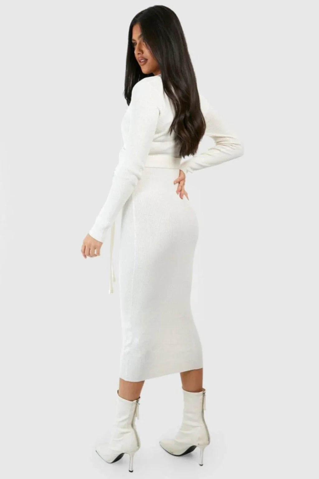 Long Sleeve Wrap Over Ribbed Knit Dress