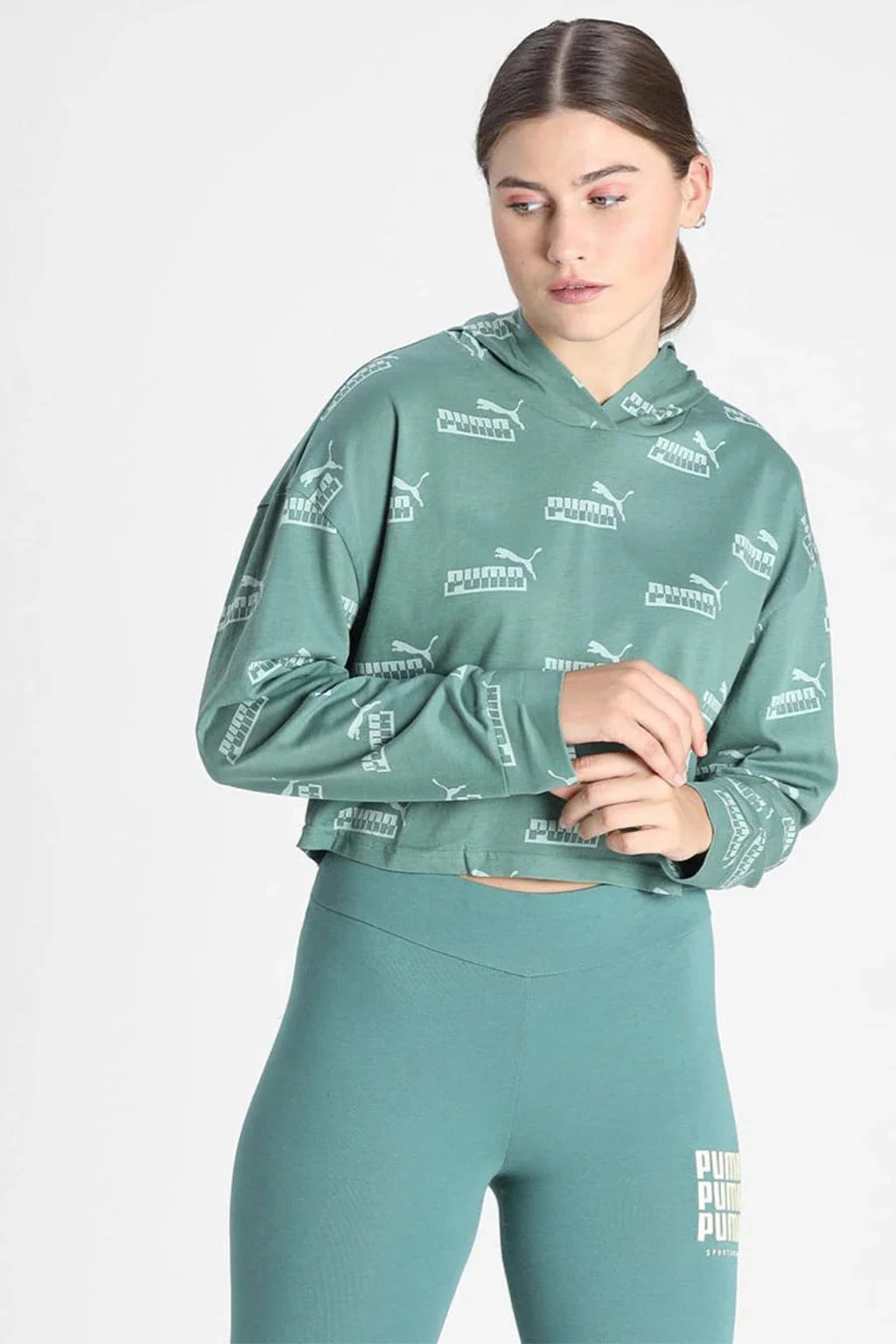 Puma Womens Green Logo Printed Lightweight Hoodie
